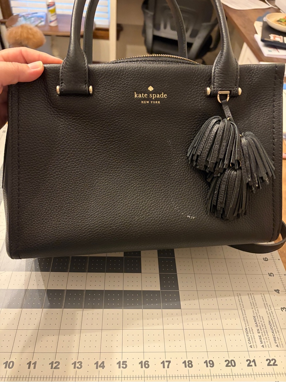 kate spade Black Pebbled Leather Satchel with Tassel Charm
